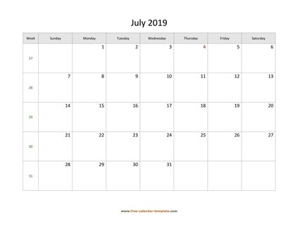 july 2019 calendar simple horizontal