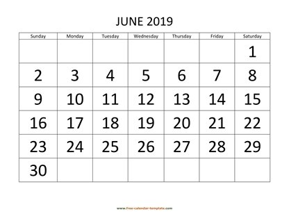 june 2019 calendar bigfont horizontal