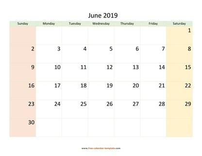 june 2019 calendar colored horizontal