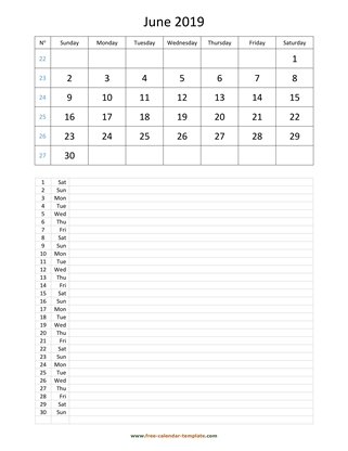 june 2019 calendar daily notes vertical