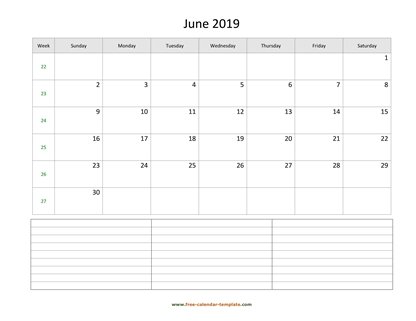 june 2019 calendar notes horizontal