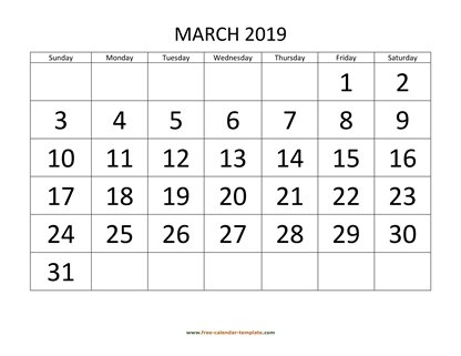 march 2019 calendar bigfont horizontal
