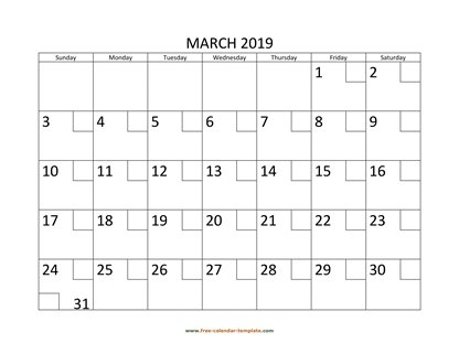 march 2019 calendar checkboxes horizontal
