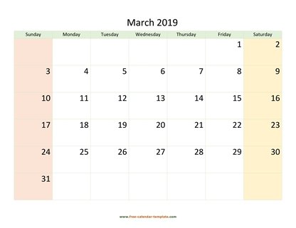 march 2019 calendar colored horizontal