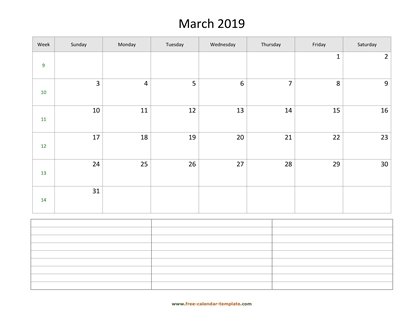 march 2019 calendar notes horizontal
