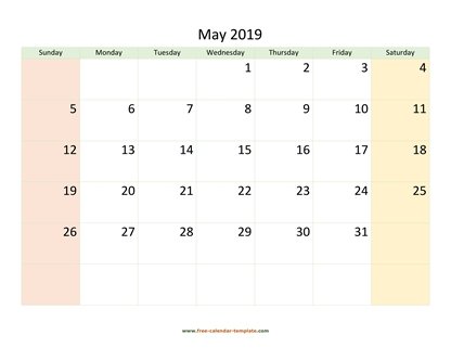 may 2019 calendar colored horizontal