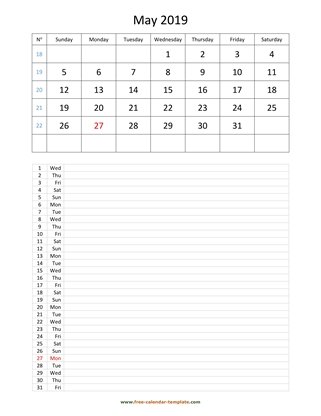 may 2019 calendar daily notes vertical