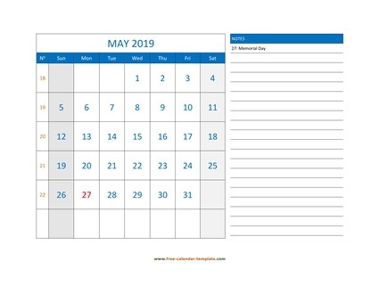 may 2019 calendar largenotes horizontal