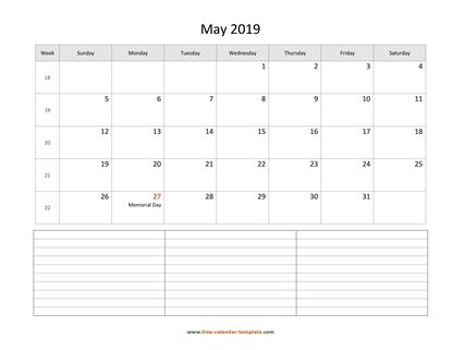 may 2019 calendar notes horizontal