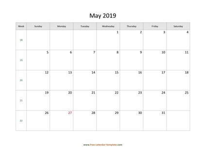 may 2019 calendar simple horizontal