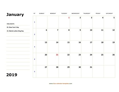 monthly 2019 calendar boxnotes horizontal