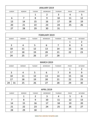 monthly 2019 calendar four months vertical