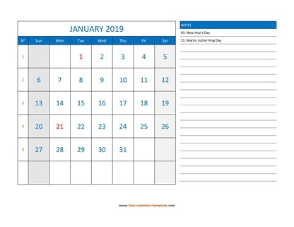 monthly 2019 calendar largenotes horizontal