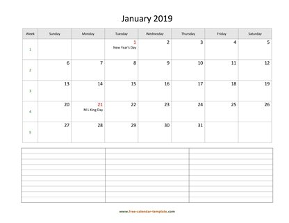 monthly 2019 calendar notes horizontal