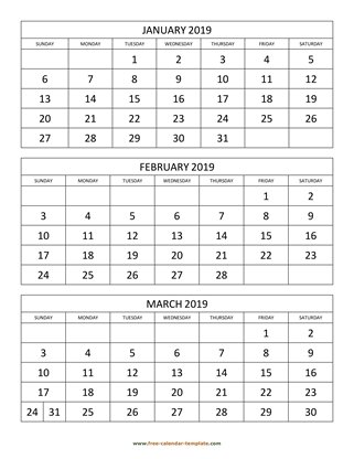 monthly 2019 calendar three months vertical