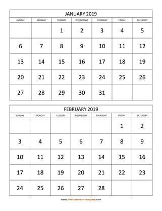 monthly 2019 calendar two months vertical