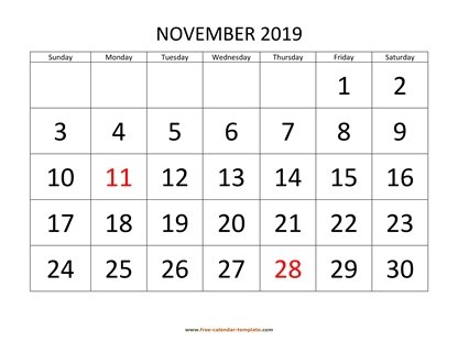 november 2019 calendar bigfont horizontal