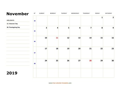 november 2019 calendar boxnotes horizontal