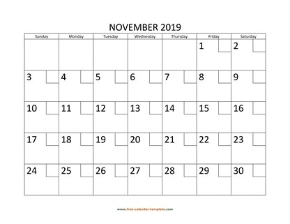 november 2019 calendar checkboxes horizontal