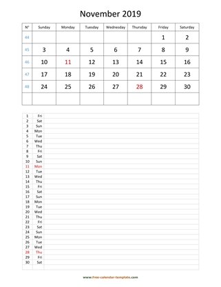 november 2019 calendar daily notes vertical