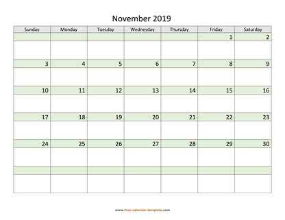 november 2019 calendar daycolored horizontal
