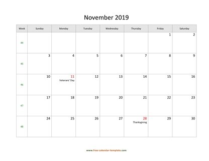 november 2019 calendar holidays horizontal