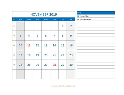 november 2019 calendar largenotes horizontal
