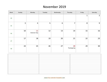 november 2019 calendar notes horizontal