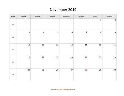 november 2019 calendar simple horizontal