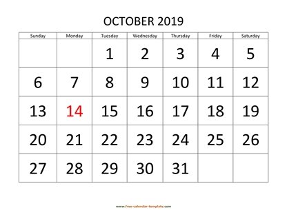october 2019 calendar bigfont horizontal