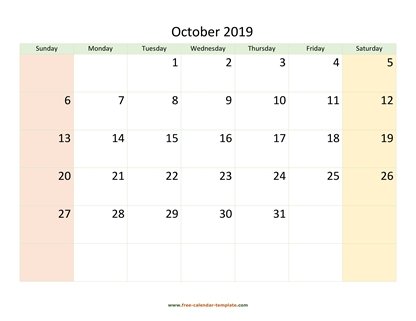 october 2019 calendar colored horizontal