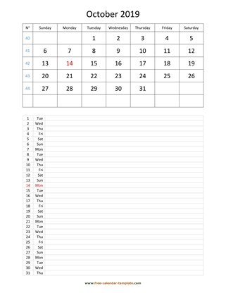 october 2019 calendar daily notes vertical