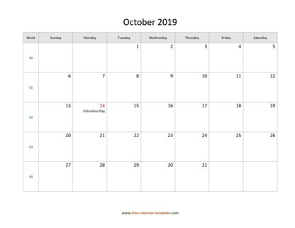 october 2019 calendar holidays horizontal