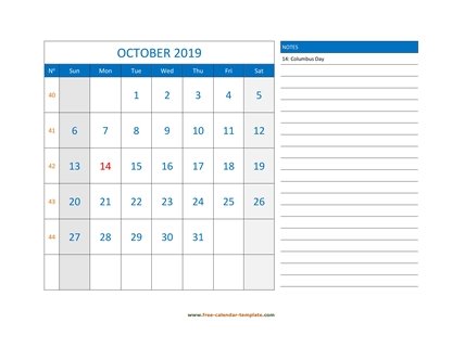 october 2019 calendar largenotes horizontal