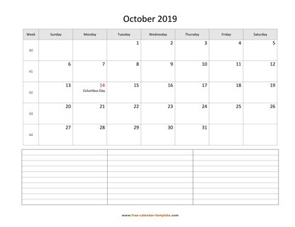october 2019 calendar notes horizontal