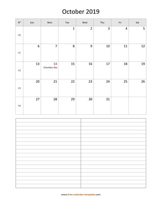 october 2019 calendar notes vertical