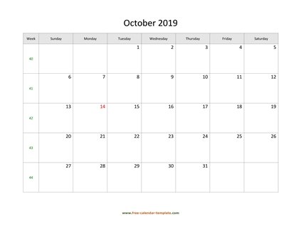 october 2019 calendar simple horizontal