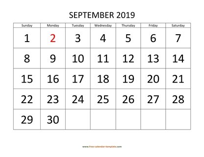 september 2019 calendar bigfont horizontal