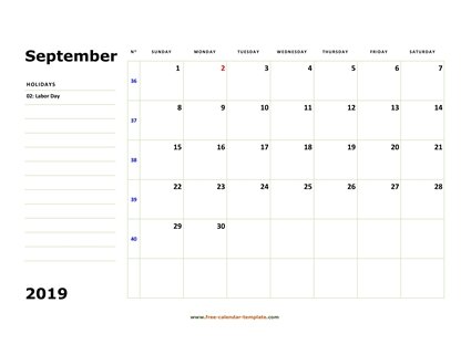 september 2019 calendar boxnotes horizontal