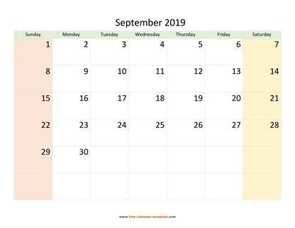 september 2019 calendar colored horizontal