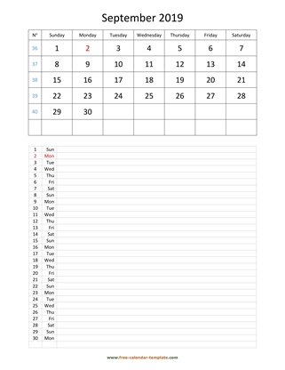 september 2019 calendar daily notes vertical