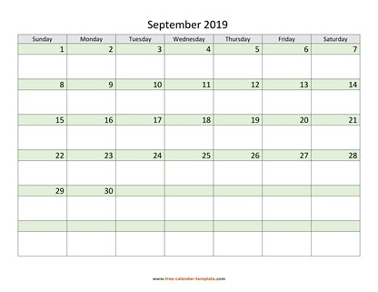 september 2019 calendar daycolored horizontal