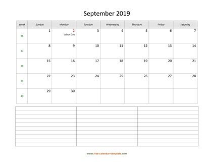 september 2019 calendar notes horizontal