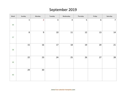 september 2019 calendar simple horizontal