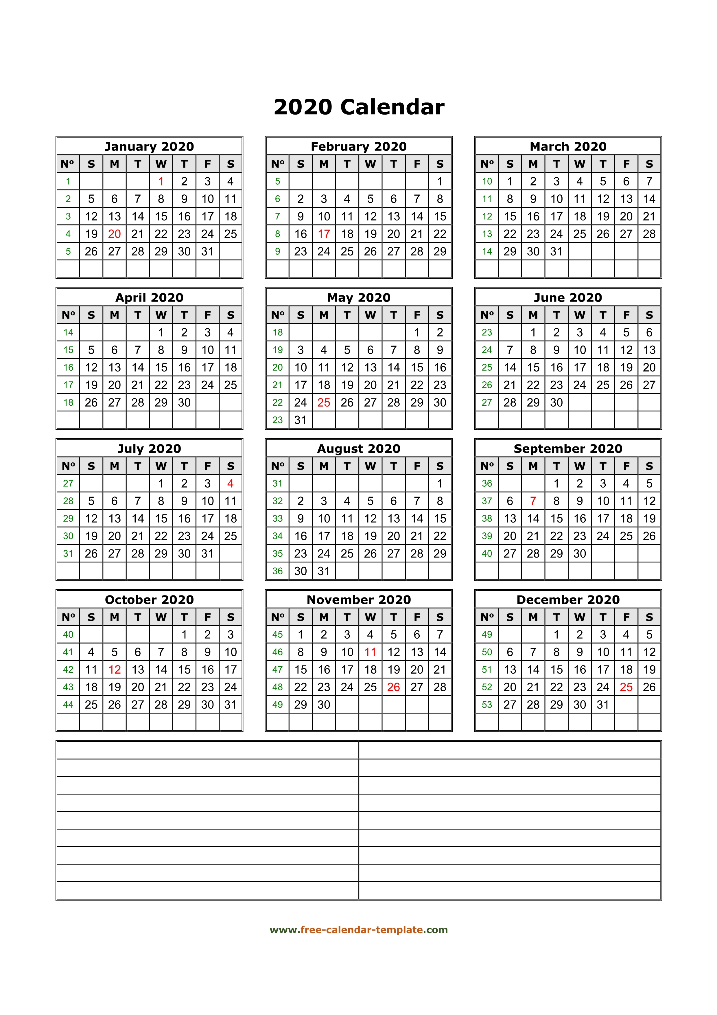 Yearly 2020 Printable Calendar With Space For Notes Free Calendar Template Com
