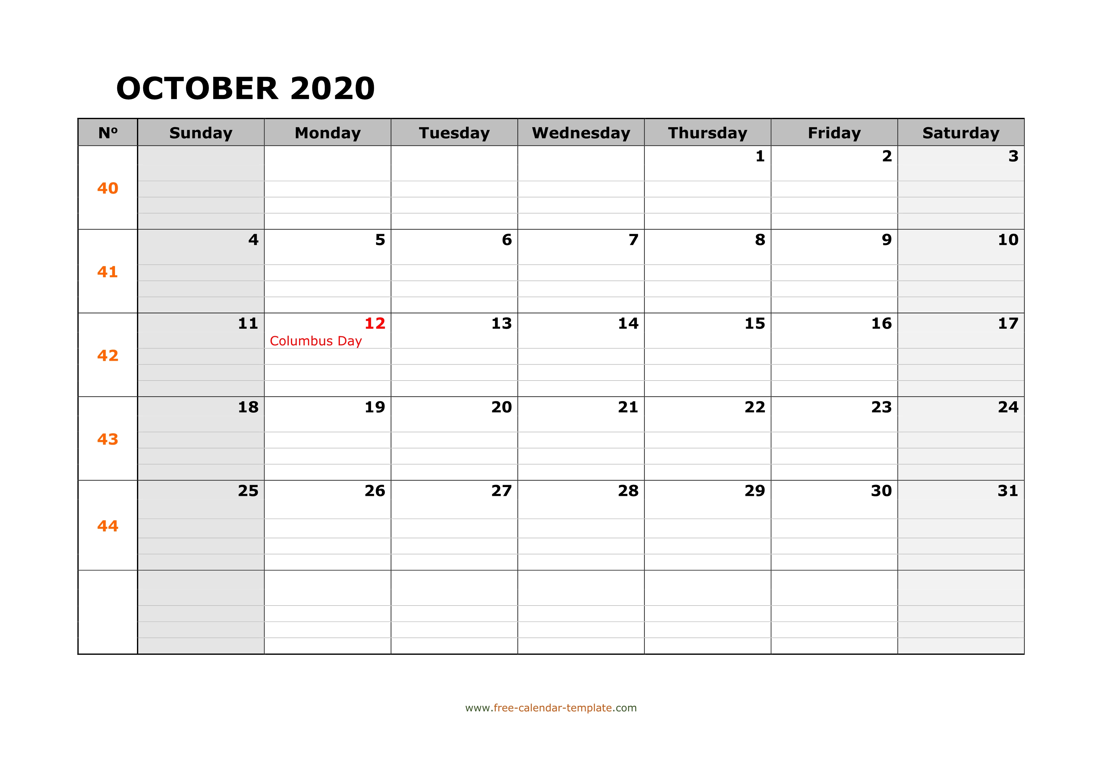 October 2020 Calendar Free Printable With Grid Lines Designed Horizontal Free Calendar Template Com