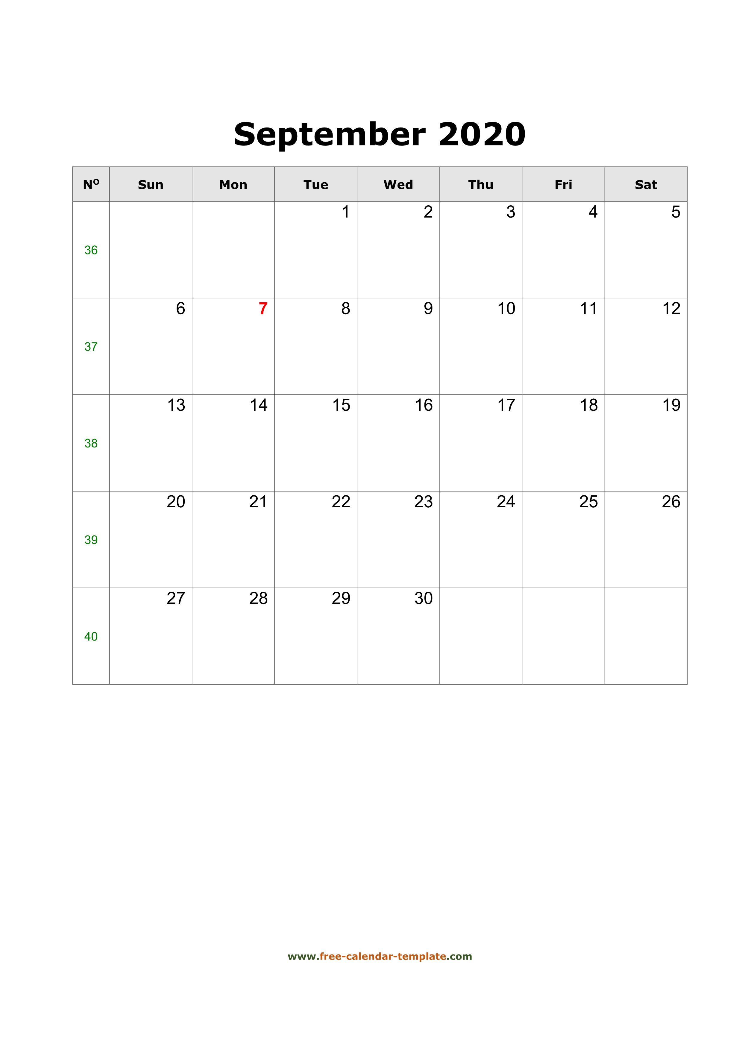 2020 September Calendar Blank Vertical Template Free Calendar Template Com