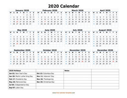 2020 calendar holidays bottom horizontal