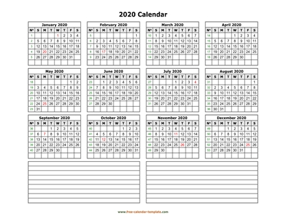 2020 calendar notes horizontal
