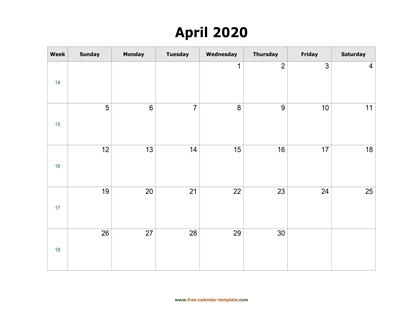 april 2020 calendar simple horizontal